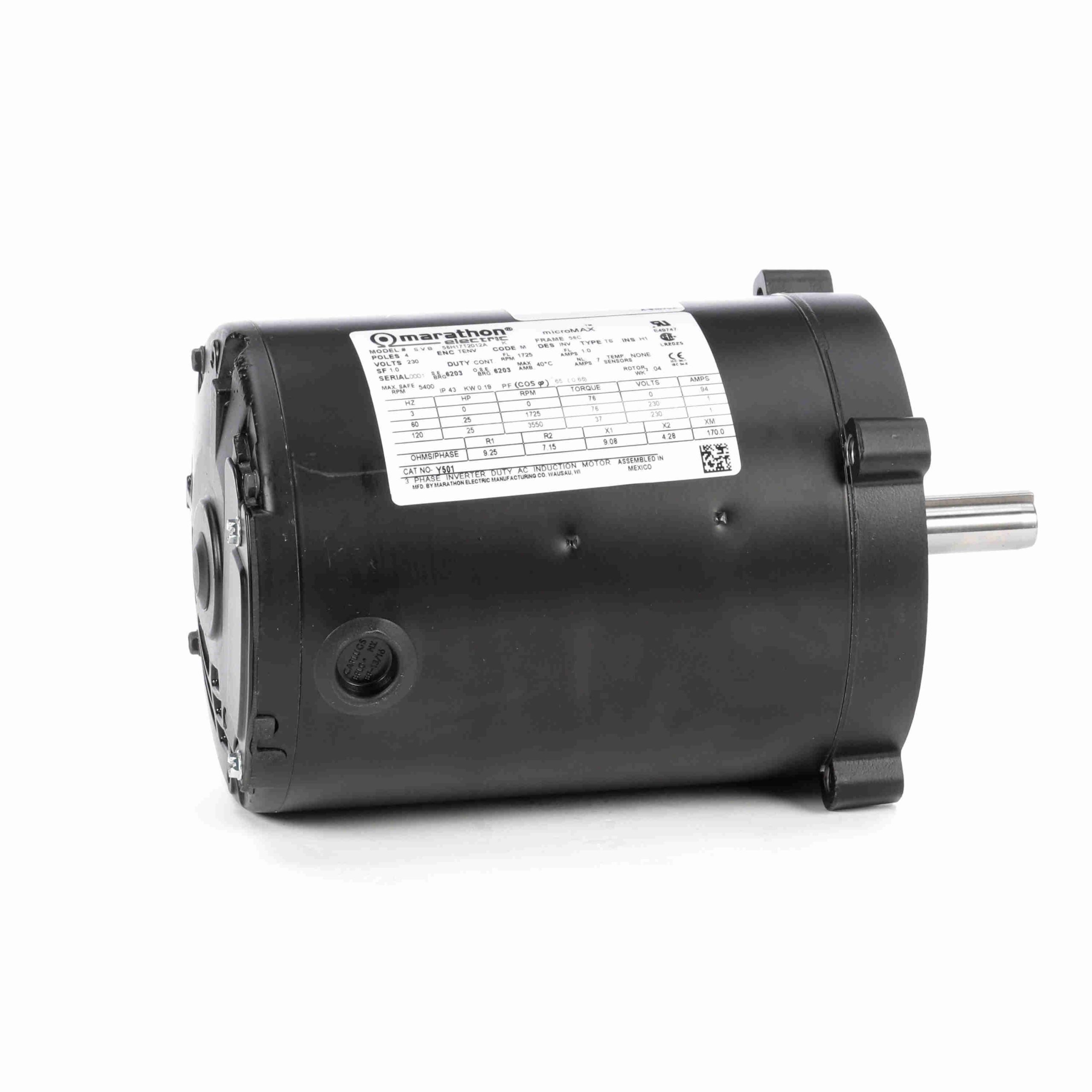 056H17T2012 - Marathon 0.25 HP Variable Speed Motor, 3 phase, 1800 RPM, 230  V, 56C Frame, TENV - Y501 - Industrial Motors Express