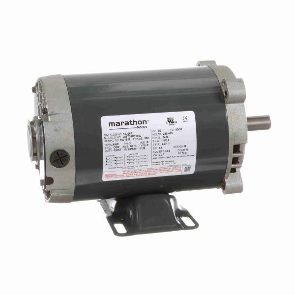 056T34D15603 - Marathon 0.50 HP General Purpose Motor, 3 phase, 3600 RPM, 230/460 V, 56C Frame, ODP - K1306A
