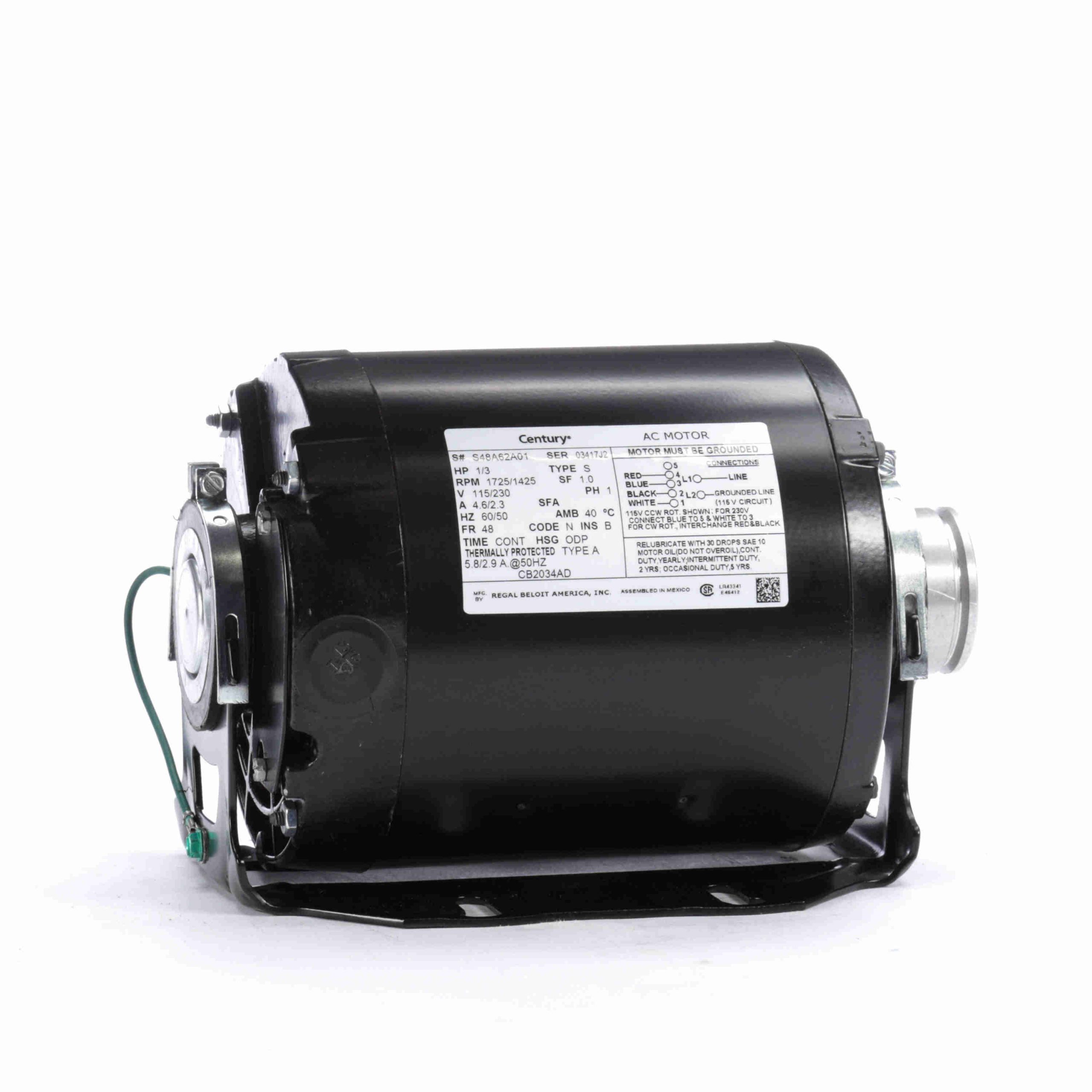 US Motors Carbonator Pump Motor – 1/3 HP, 1800 RPM, 115V, 1 Phase – Open Drip-Proof – Model #1003